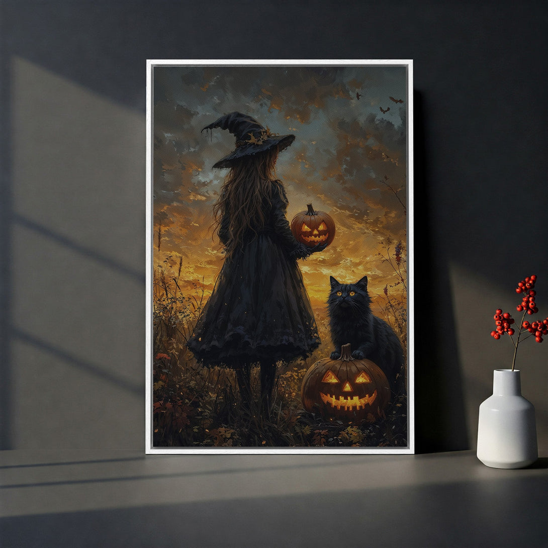 Canvas Print featuring a witch with a pumpkin, black cat, and sunset. Gothic art style with warm orange and black color palette. Perfect Halloween decor.