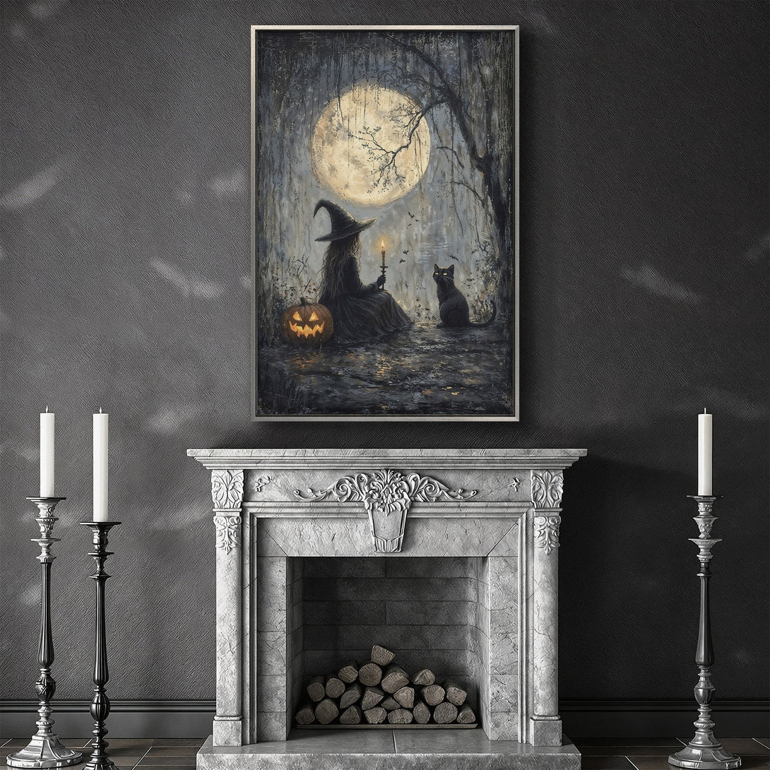Framed Wall Art: Spooky witch and black cat under a full moon. Gothic style, moody grayscale palette. Perfect Halloween decor.