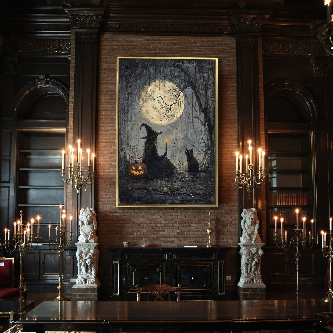 Canvas Print: Spooky witch and cat art with a full moon, dark blue and orange palette, perfect Halloween decor.