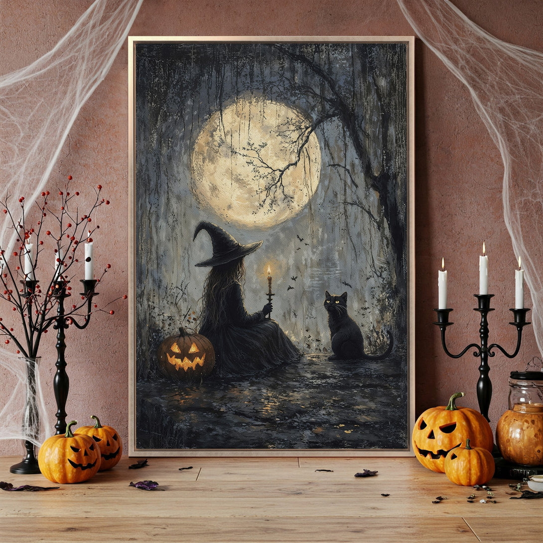 Framed Wall Art: Witch & black cat under the moon. Spooky Halloween decor with a moody, dark gray and gold color palette. Perfect for fall.