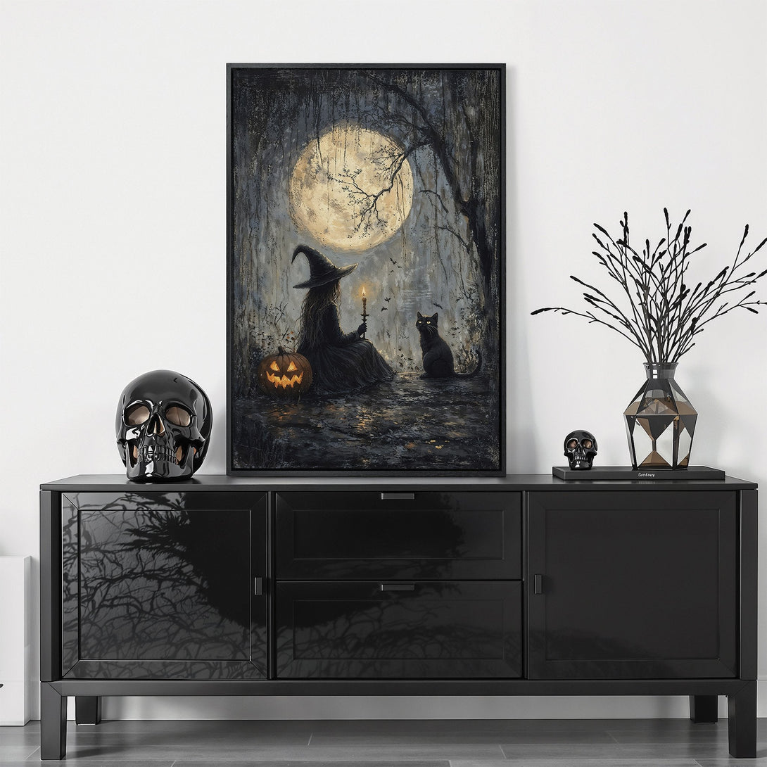 Framed Wall Art: Spooky witch scene with a black cat, glowing moon, and dark, moody color palette. Perfect Halloween decor!