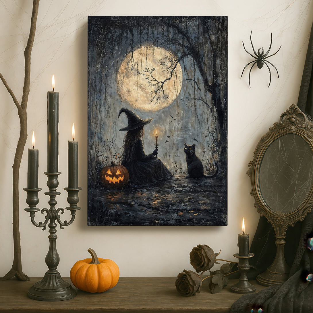Framed Wall Art: Spooky witch scene canvas print with a full moon, black cat, and pumpkin. Dark, moody color palette perfect for Halloween decor.