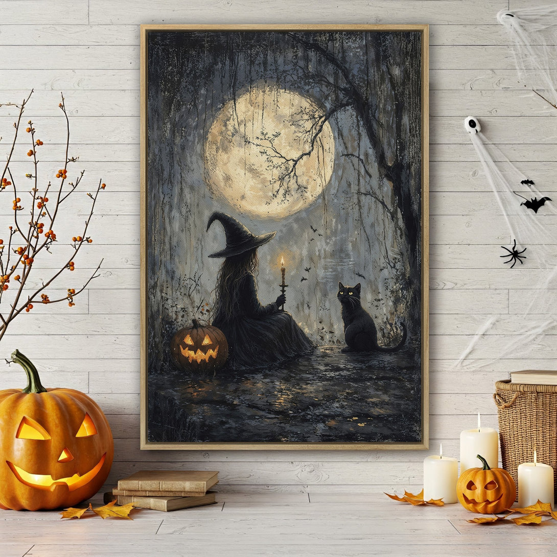 Framed Wall Art: Spooky Halloween scene with witch, black cat, and pumpkin under a full moon. Moody, dark color palette. Perfect for Halloween decor.