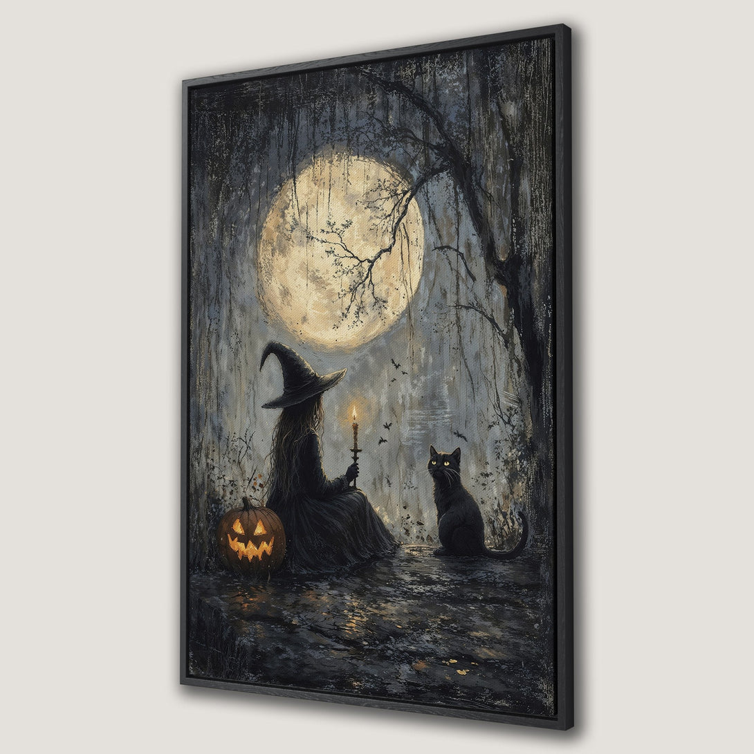 Framed Wall Art: Spooky witch & black cat scene under a full moon. Dark, moody color palette with a touch of gold. Perfect Halloween decor!