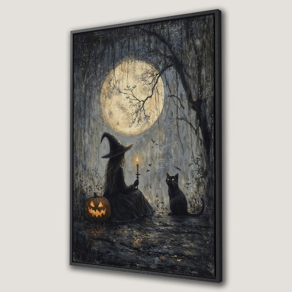 Framed Wall Art: Spooky witch & black cat scene under a full moon. Dark, moody color palette with a touch of gold. Perfect Halloween decor!