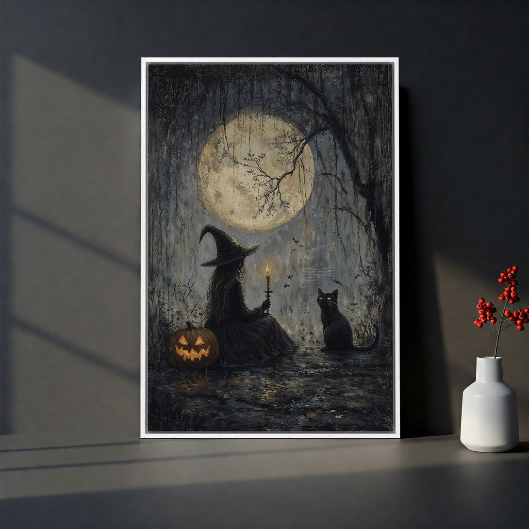 Framed Wall Art: Spooky Halloween scene with a witch, black cat, and pumpkin. Dark, moody color palette. Perfect for adding a touch of mystery to your home.