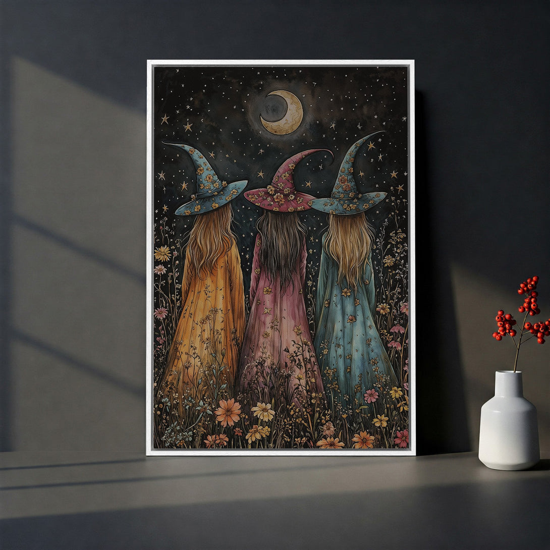 Framed Wall Art featuring whimsical witches under a starry night sky. Pastel color palette, perfect for adding a touch of magic to your home decor.