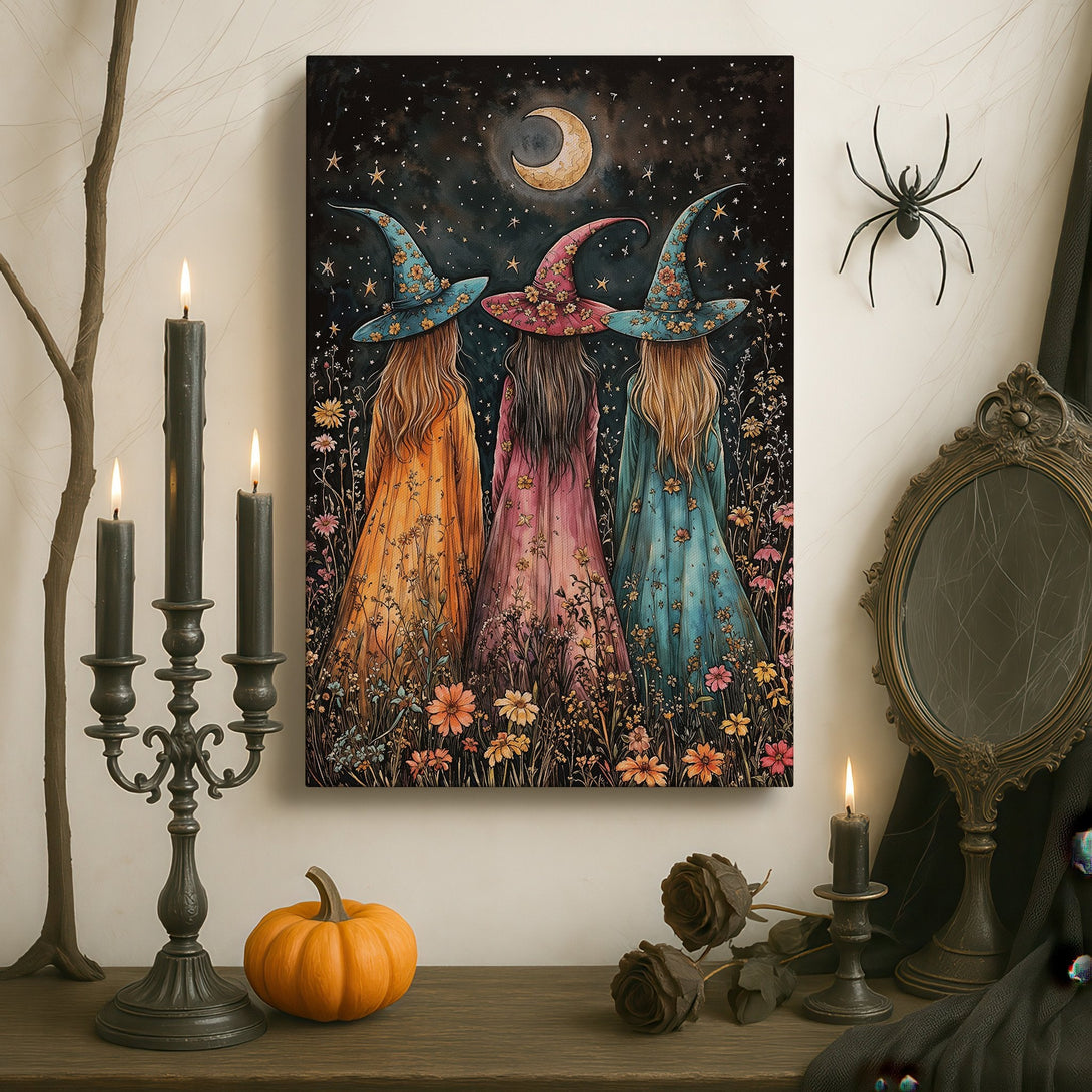 Framed Wall Art featuring three witches under a starry night. Whimsical illustration with a warm color palette, perfect for adding charm to any space.