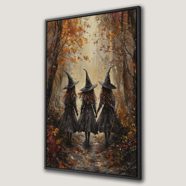 Framed Wall Art featuring three witches in a forest with autumn colors. Perfect for Halloween decor! Warm, earthy tones. Canvas Print ready to hang.
