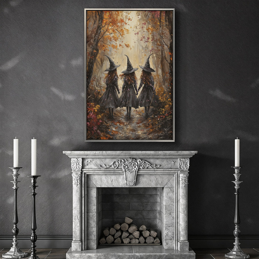 Framed Wall Art: Three witches walking in an autumn forest. Warm, earthy tones with a touch of mystery. Perfect for adding a unique touch to your home.
