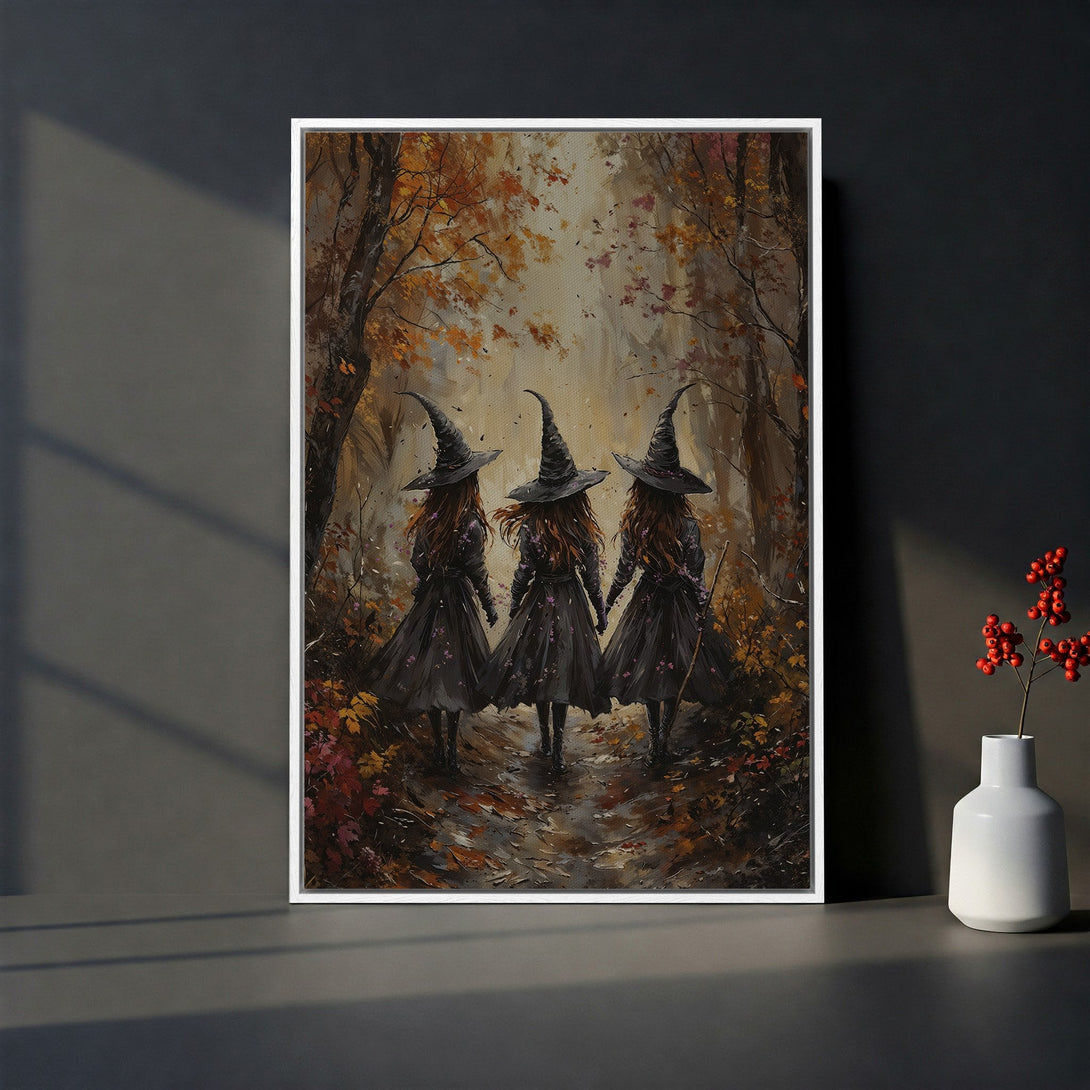 Framed Wall Art: Three witches walking in a forest, autumnal palette of browns, oranges, and blacks. Perfect for Halloween decor!