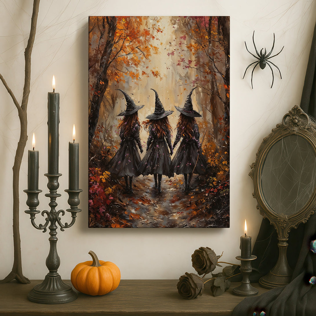 Framed Wall Art: Witch sisters in autumn forest, warm color palette. Perfect Halloween decor for your home! Shop now.