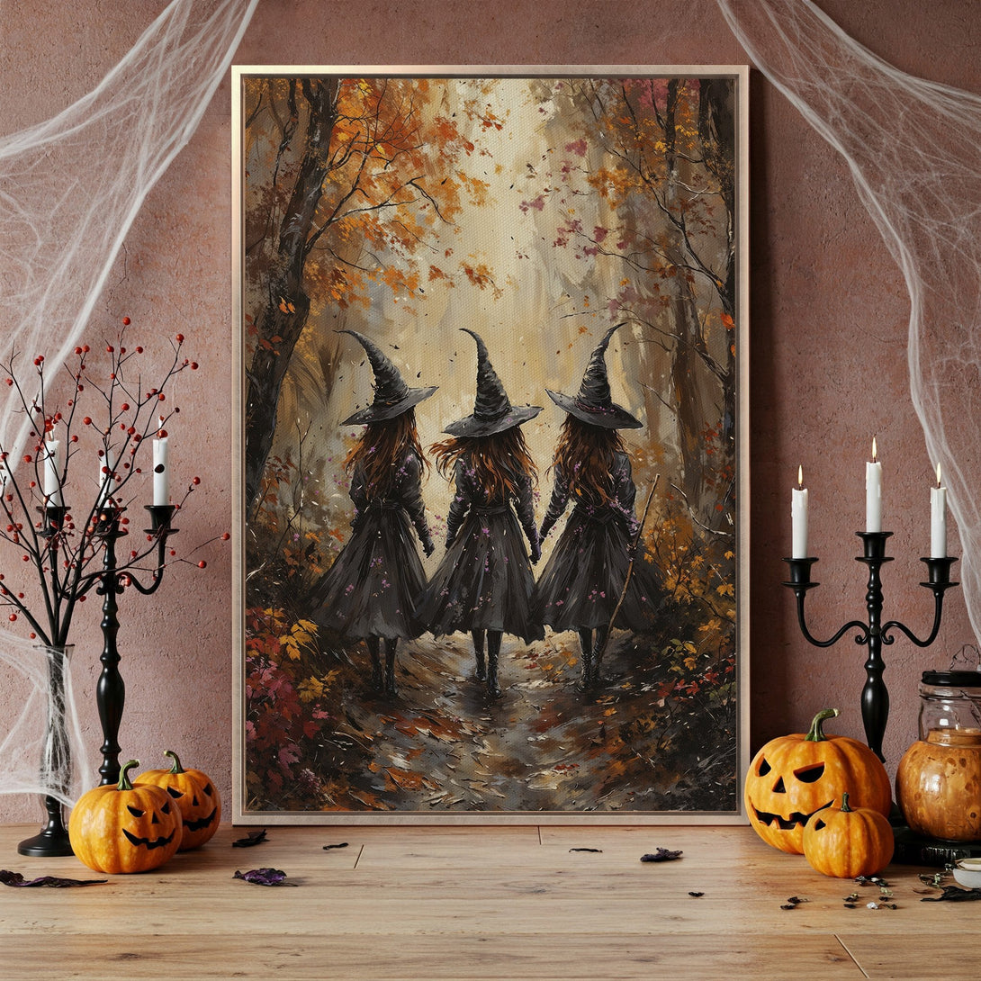 Framed Wall Art featuring three witches in an autumn forest, with a warm, earthy color palette. Perfect Halloween decor!