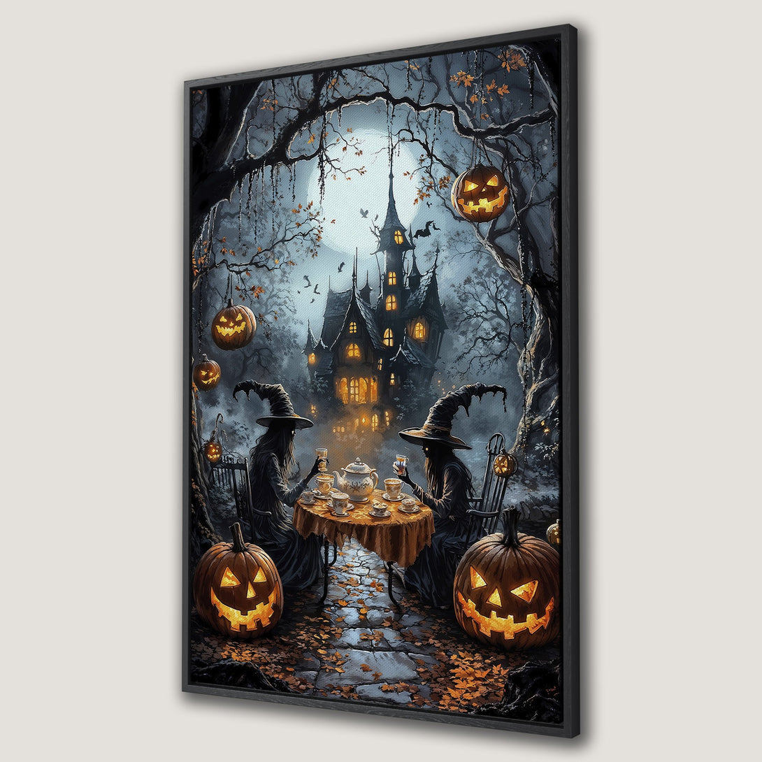 Framed Wall Art: Spooky Halloween scene with witches, pumpkins, and a haunted house. Dark, moody color palette with hints of orange and gold. Perfect for seasonal decor.