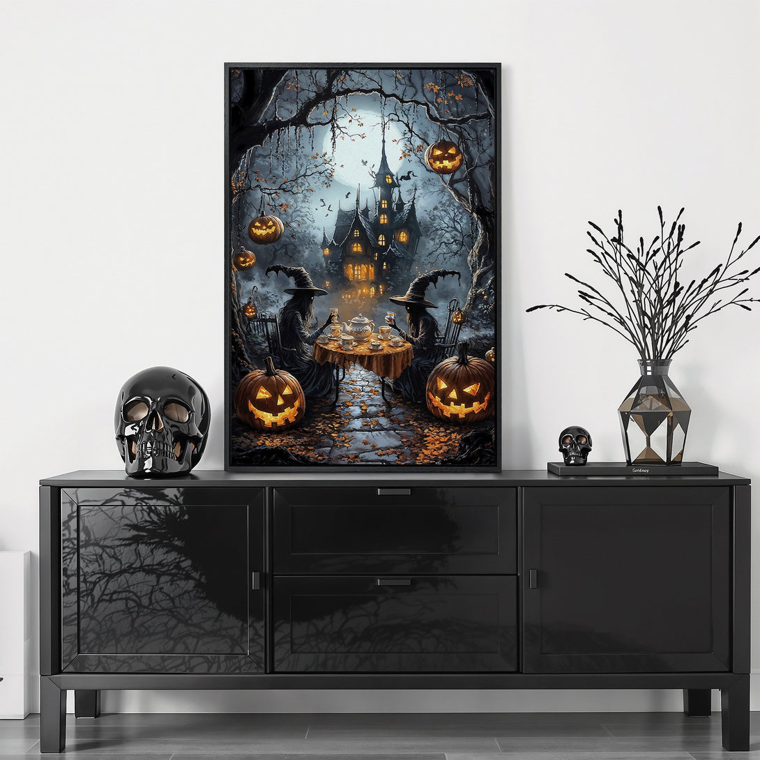 Framed Wall Art featuring a spooky Halloween scene with witches, pumpkins, and a haunted house. Dark, moody color palette perfect for seasonal decor.