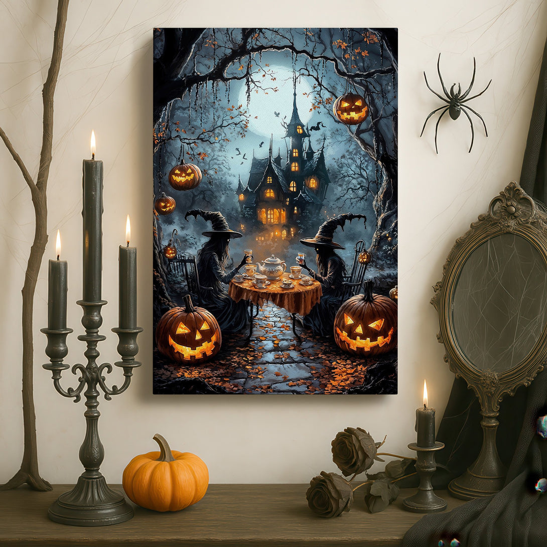 Framed Wall Art: Spooky Halloween scene with witches, pumpkins, and a haunted house. Dark, gothic style with a cool, muted color palette. Perfect for Halloween decor.