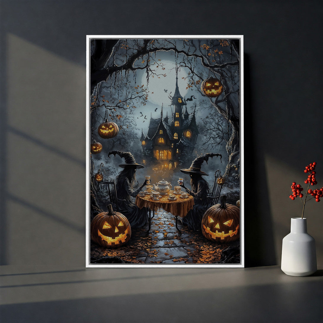 Framed Wall Art: Spooky Halloween scene with witches, pumpkins, and a haunted house. Dark, moody color palette. Perfect for seasonal decor.