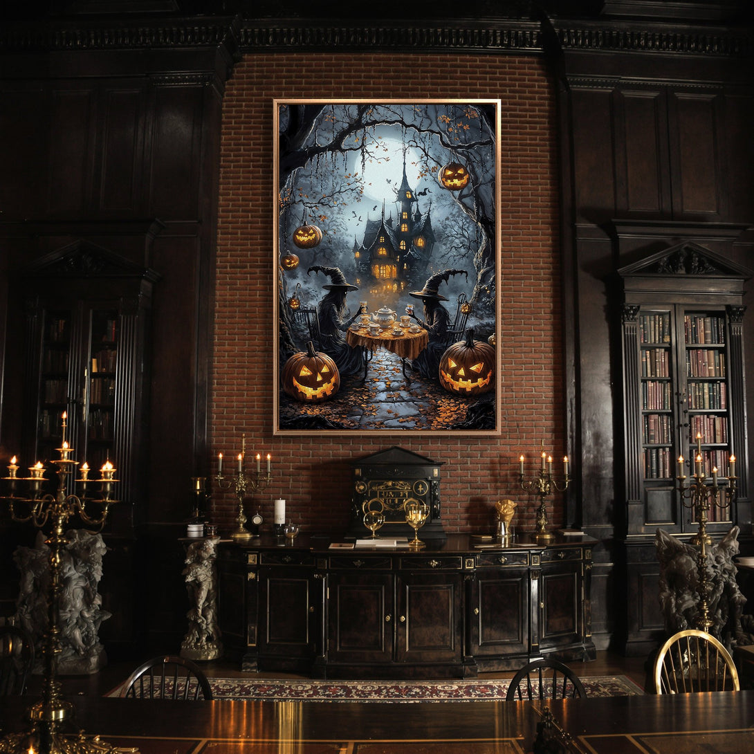 Framed Wall Art: Spooky Halloween scene with witches, pumpkins, and a haunted house. Dark, moody color palette. Perfect for adding a touch of eerie elegance.