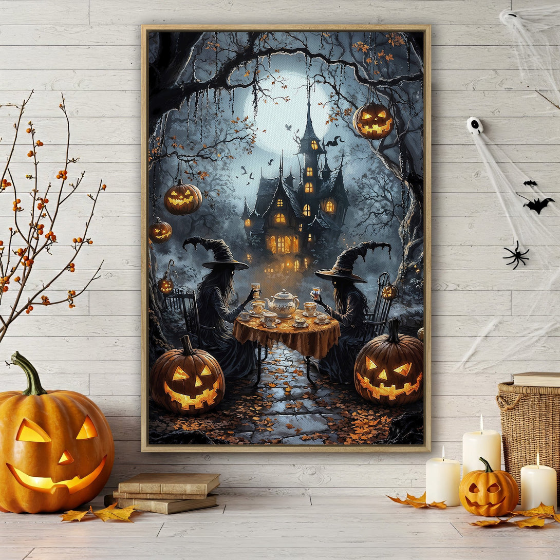 Framed Wall Art: Spooky Halloween scene with witches, haunted house, and jack-o'-lanterns. Dark, moody color palette perfect for fall decor. Add a touch of magic!