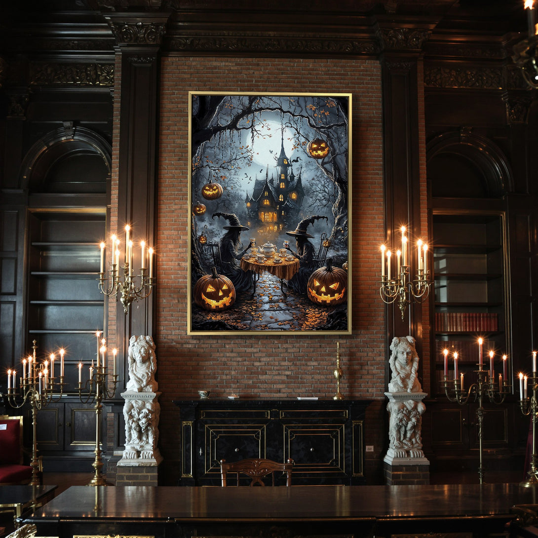 Canvas Print: Spooky Halloween scene with witches, pumpkins, and haunted house. Dark, moody art with orange and blue tones. Perfect for fall decor!