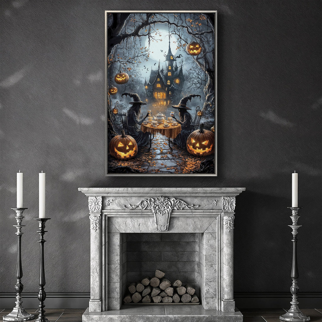Framed Wall Art: Spooky Halloween scene with witches, pumpkins, and a haunted house. Dark, atmospheric color palette. Perfect for adding a touch of eerie charm.