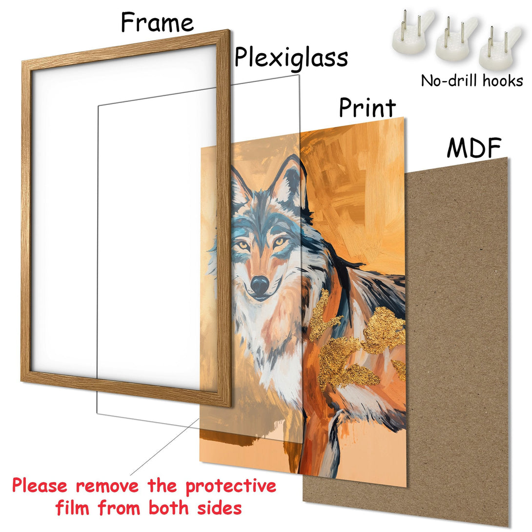 Framed Poster featuring a wolf in an abstract style with a warm orange and gold color palette. Perfect wall art!