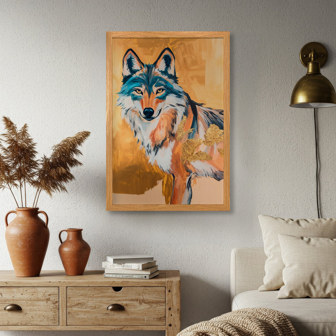 Framed Poster featuring a wolf in an abstract style with a warm, earthy color palette. Add a touch of wild to your home decor!
