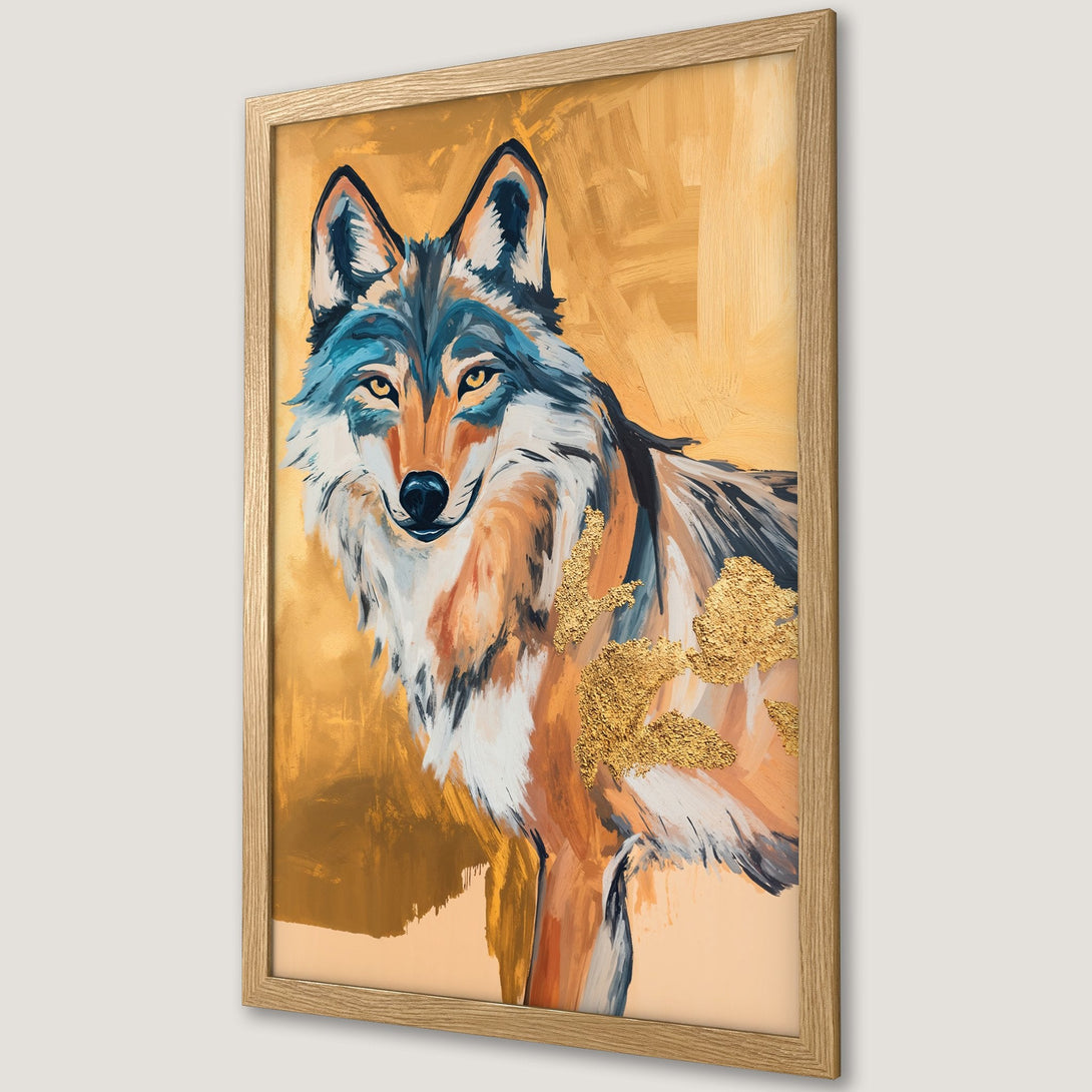 Framed Poster featuring an abstract wolf painting in warm gold, blue, and orange tones. Perfect art for your home!
