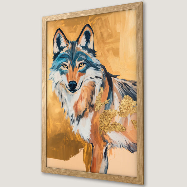 Framed Poster featuring an abstract wolf painting in warm gold, blue, and orange tones. Perfect art for your home!