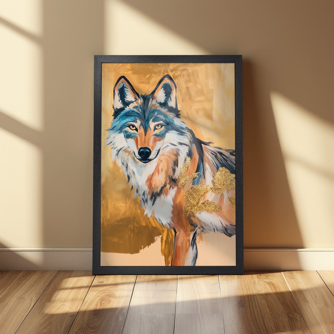 Framed Poster featuring a majestic wolf in an expressive, modern style with a warm, earthy color palette and gold accents.