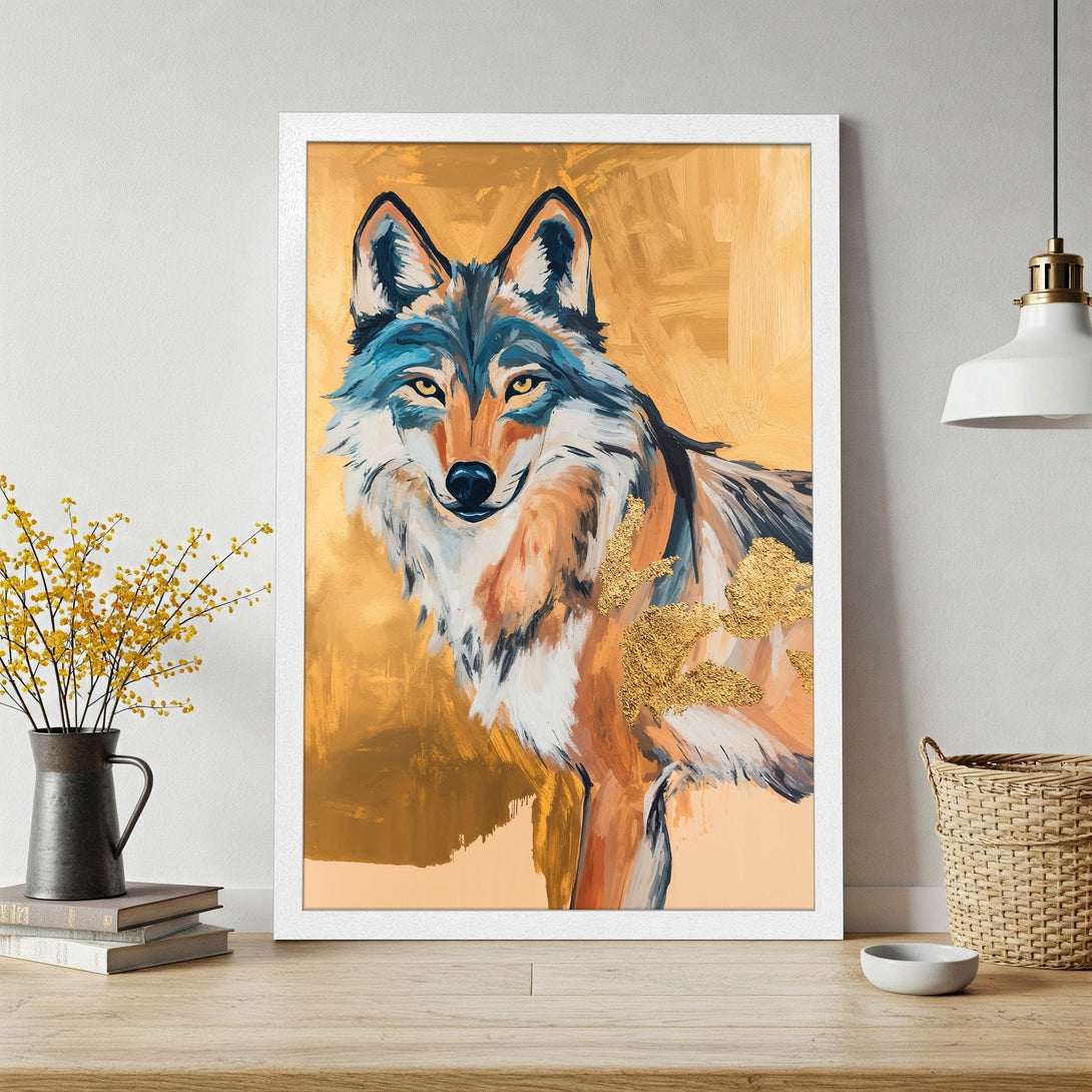 Framed Poster of a majestic wolf in an abstract style, featuring a warm gold and orange color palette. Perfect wall art!
