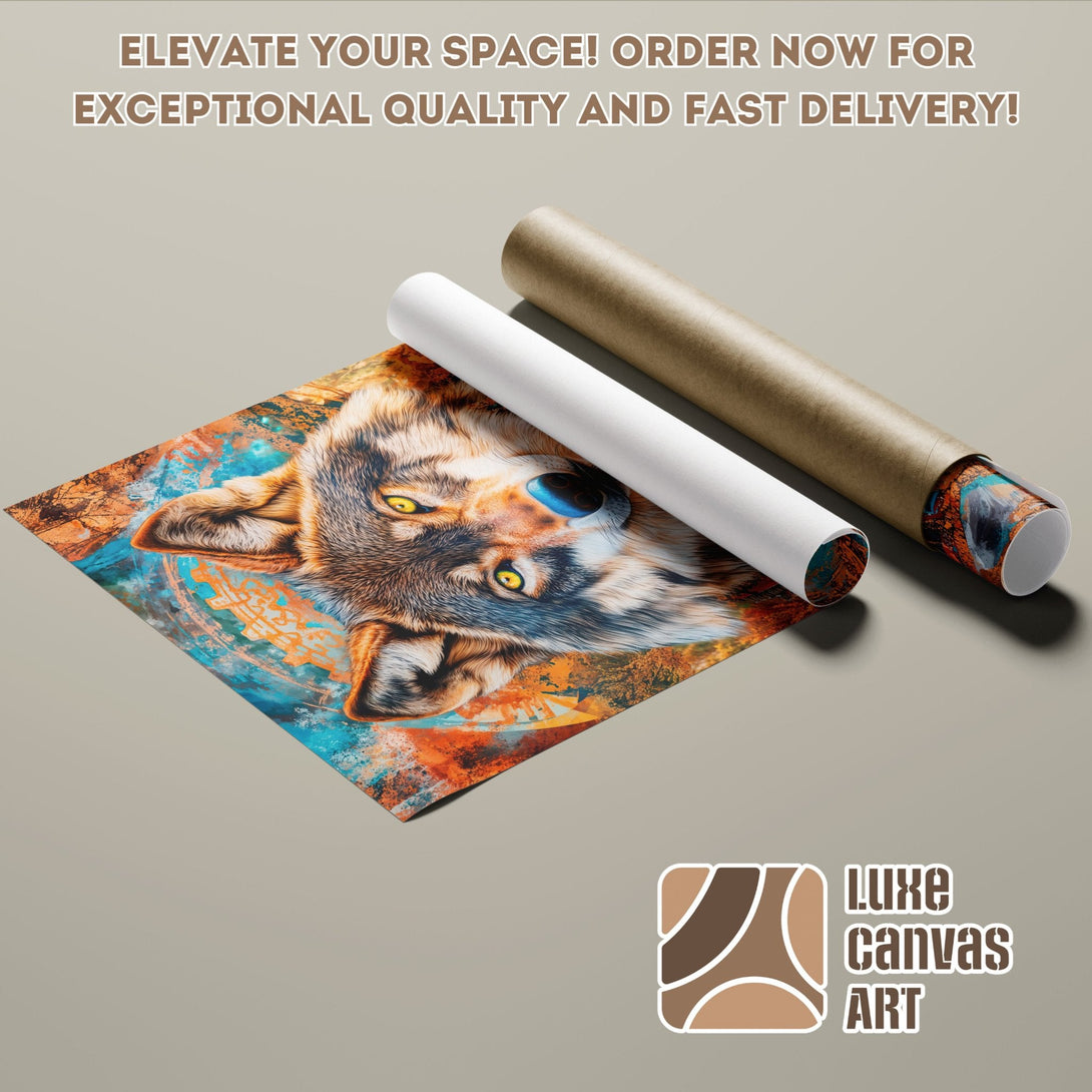Wolf Poster Roll art print, vibrant abstract style in orange and blue. Elevate your space with Luxe Canvas Art! Order now!