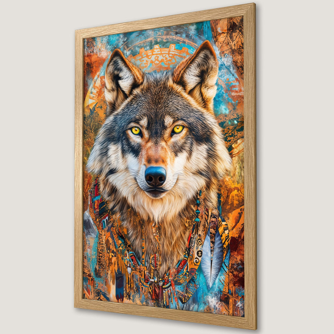 Framed Poster featuring a majestic wolf with vibrant orange, blue, and brown hues. Modern art style, perfect for home decor.