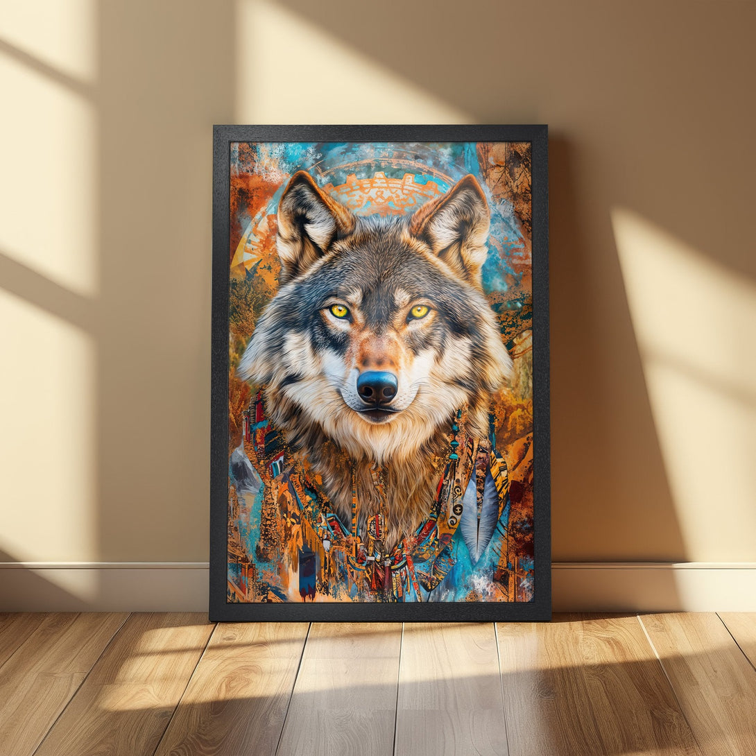 Framed Poster of a wolf with an artistic, tribal style. Features a warm color palette of orange, blue, and brown.