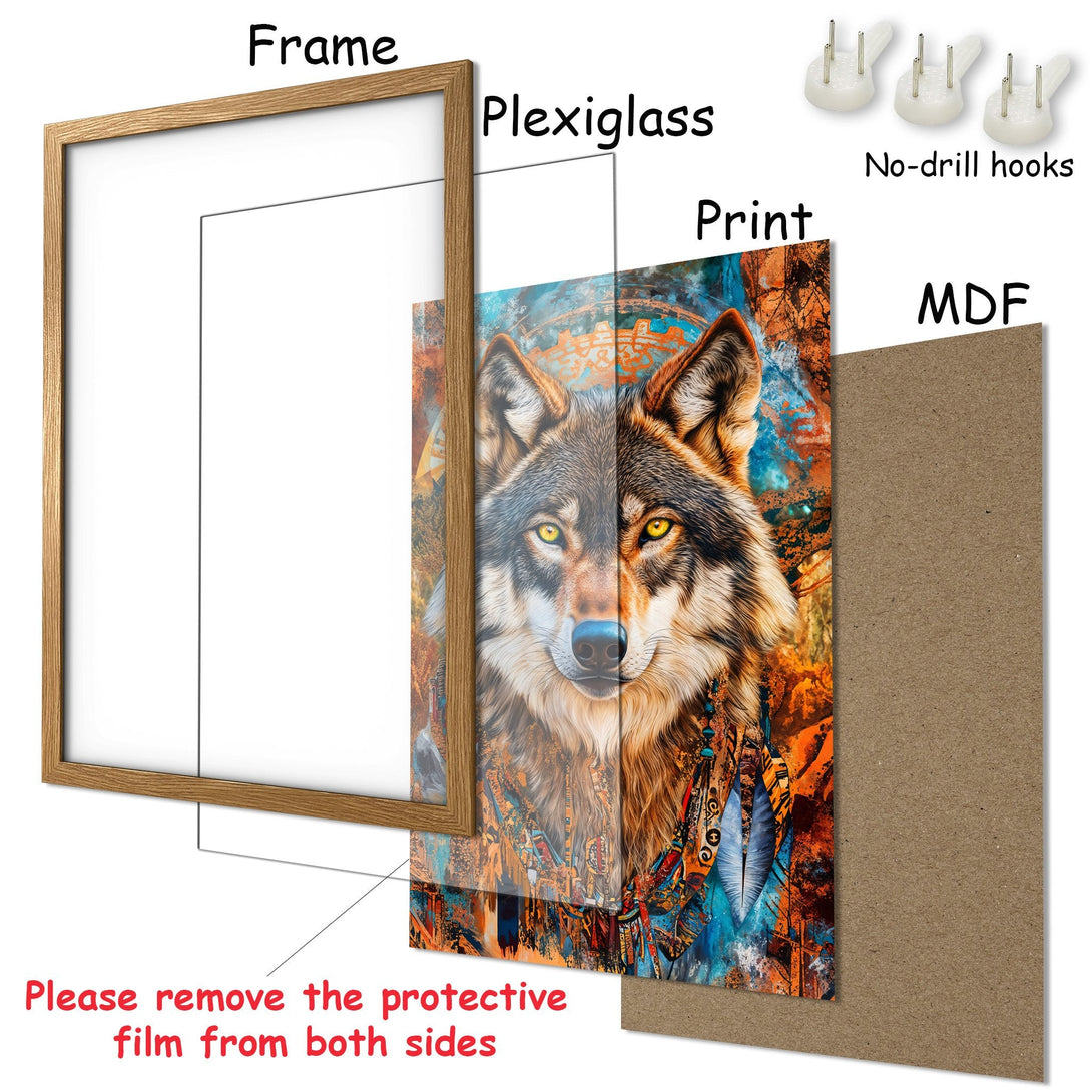 Framed Poster featuring a majestic wolf, vibrant colors, and an artistic style. Perfect wall art for your home.