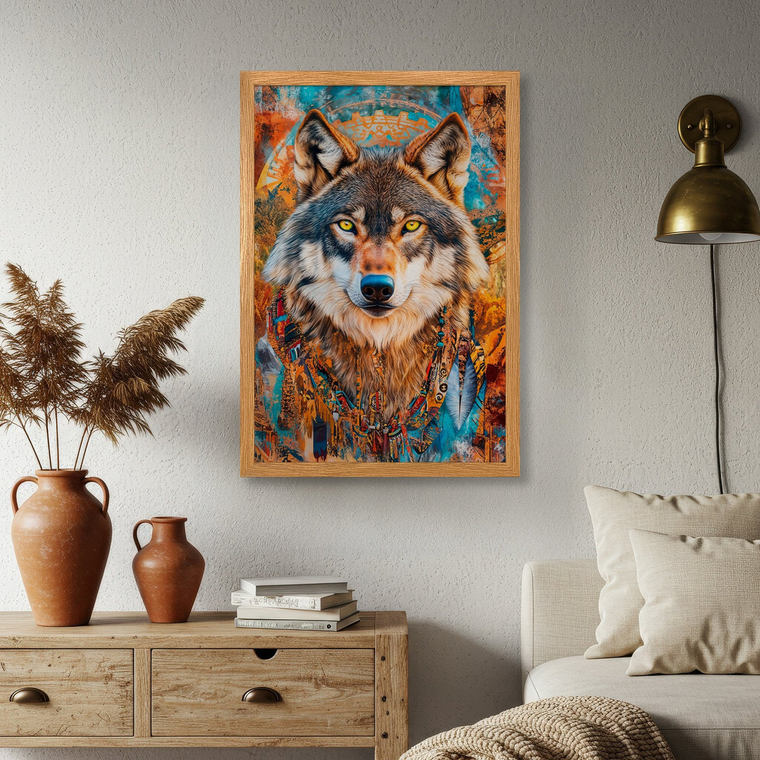 Framed Poster featuring a stunning wolf portrait in vibrant blues, oranges, and yellows. Add a touch of wild beauty to your space!