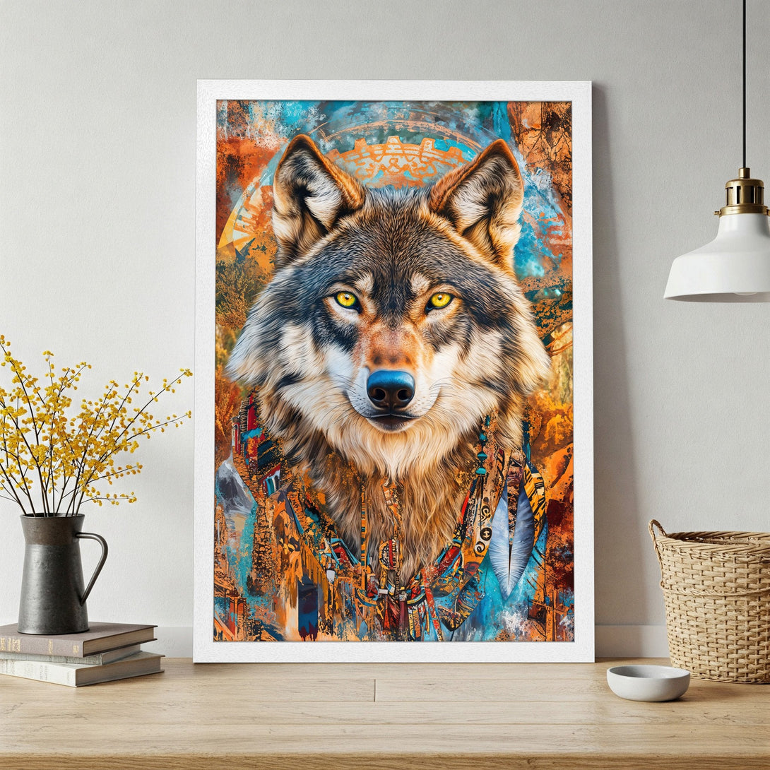 Framed Poster featuring a majestic wolf in an artistic style with vibrant orange, blue, and brown tones. Perfect wall art!