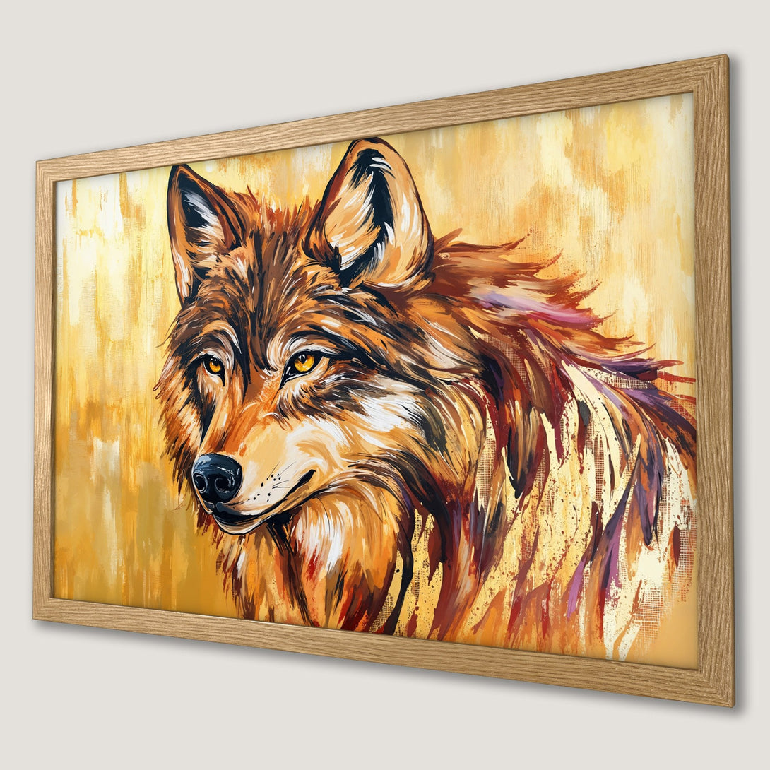 Framed Poster featuring a majestic wolf portrait in warm, earthy tones. Abstract style with a golden yellow background.