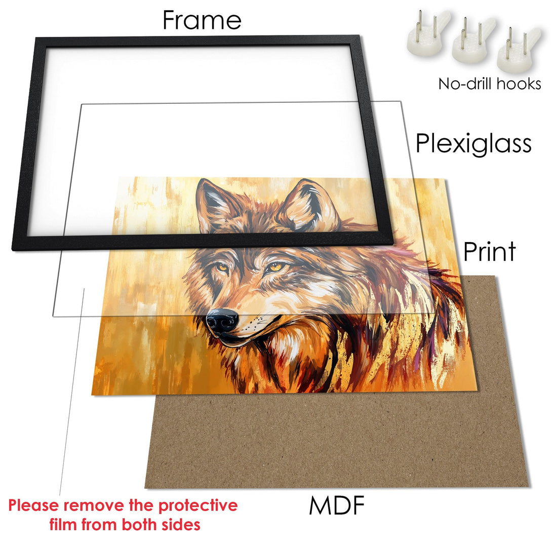 Framed Poster featuring a majestic wolf in an expressive style with warm orange and brown tones. Perfect wall art!