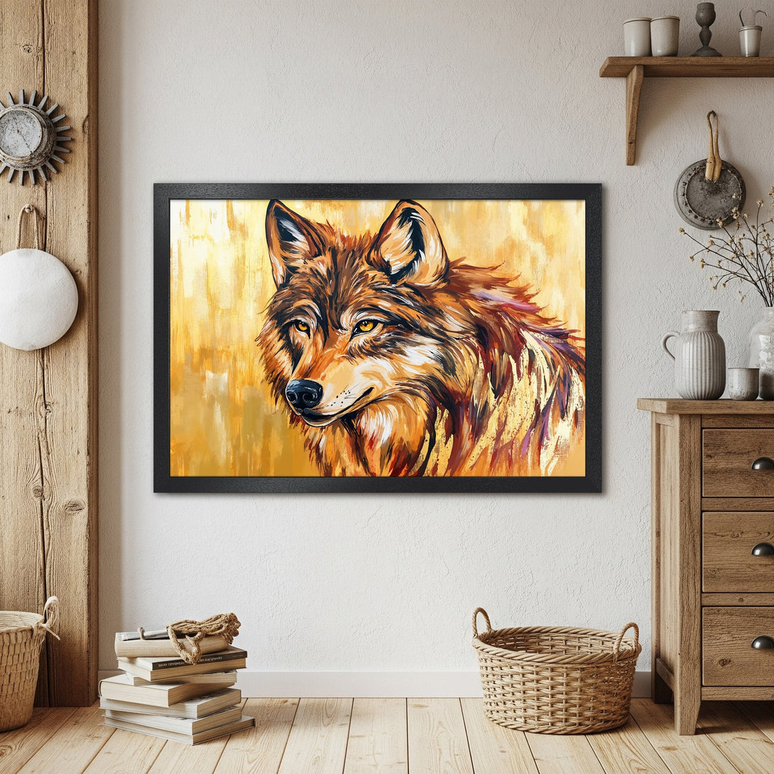 Framed Poster of a majestic wolf in warm, earthy tones. Perfect wall art for a rustic or modern home.