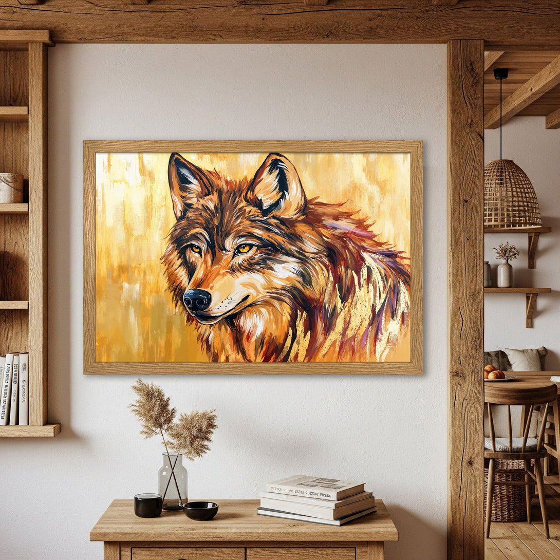 Framed Poster featuring a majestic wolf in warm, earthy tones. Enhance your space with this stunning art print!