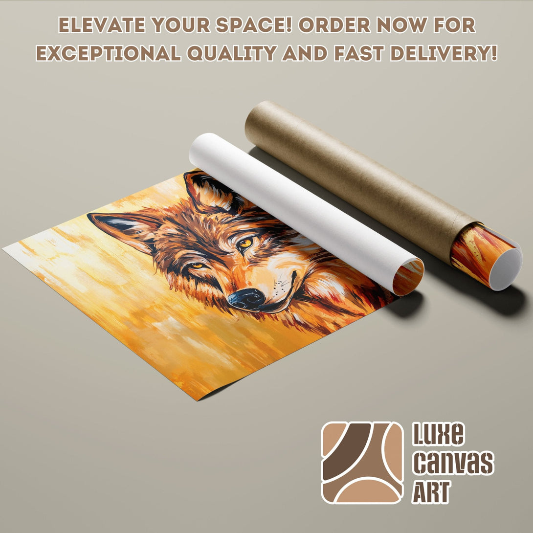Wolf art poster roll, warm orange & brown palette, perfect for home decor. Order your art today!