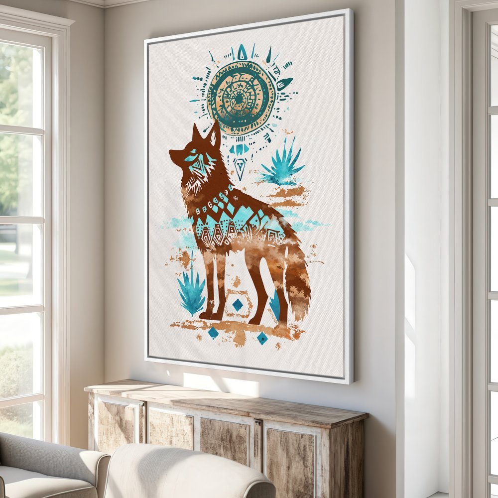 Framed Wall Art featuring a stylized wolf in earthy tones with turquoise accents. Perfect for bohemian or Southwestern decor.