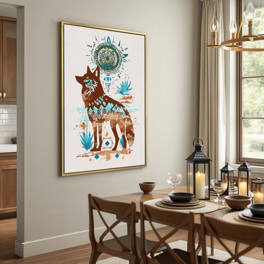 Canvas Print featuring a stylized wolf in earthy tones with turquoise accents. Perfect for bohemian wall decor.
