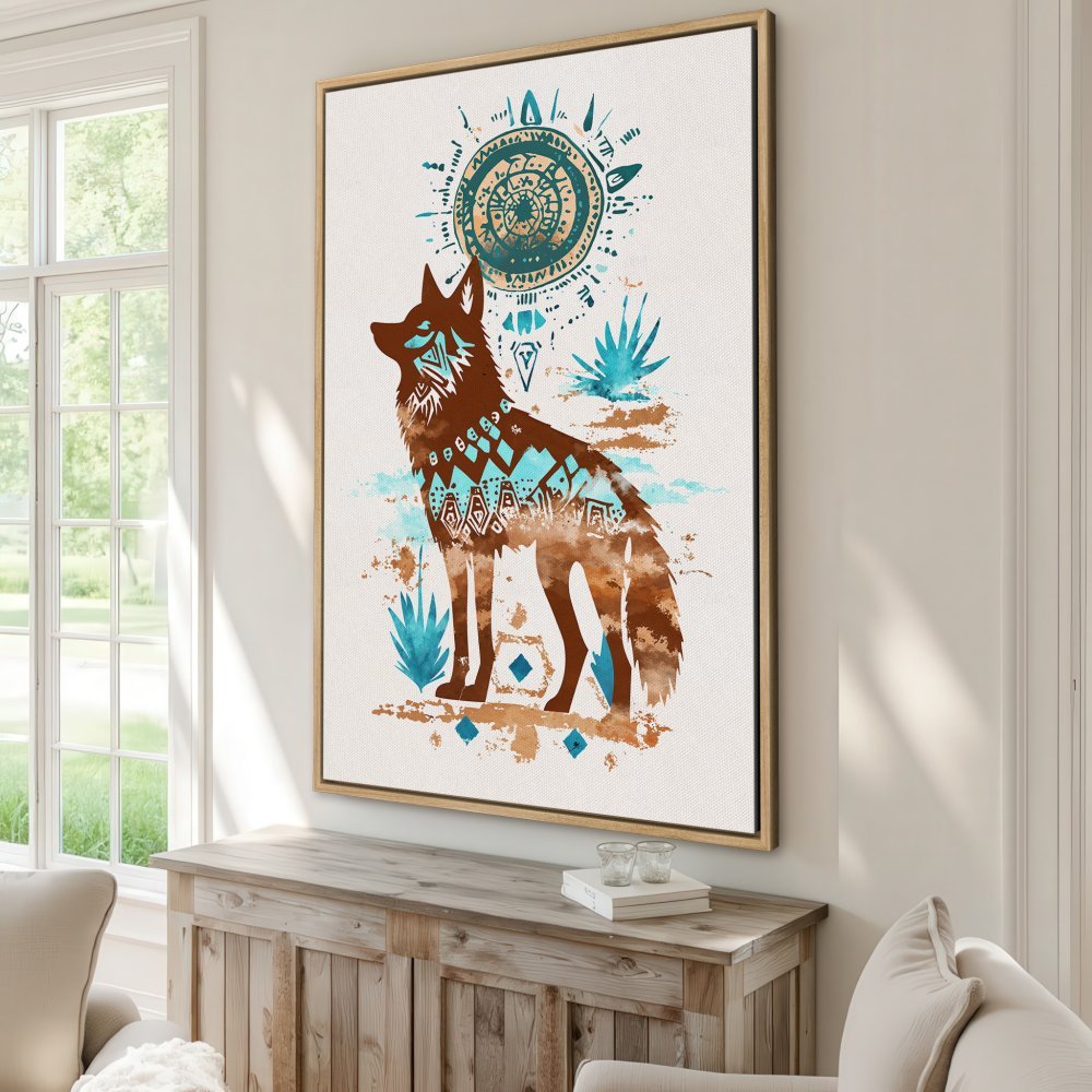 Framed Wall Art featuring a stylized wolf in brown, teal, and gold. Bohemian style Canvas Print adds a touch of nature and art to any space.