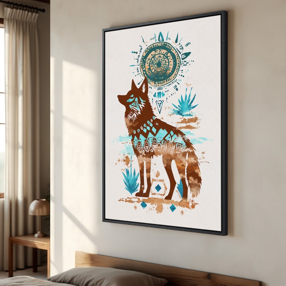 Framed Wall Art: Watercolor wolf print in boho style, featuring brown, teal, and beige tones. Perfect for adding a touch of nature to your decor.
