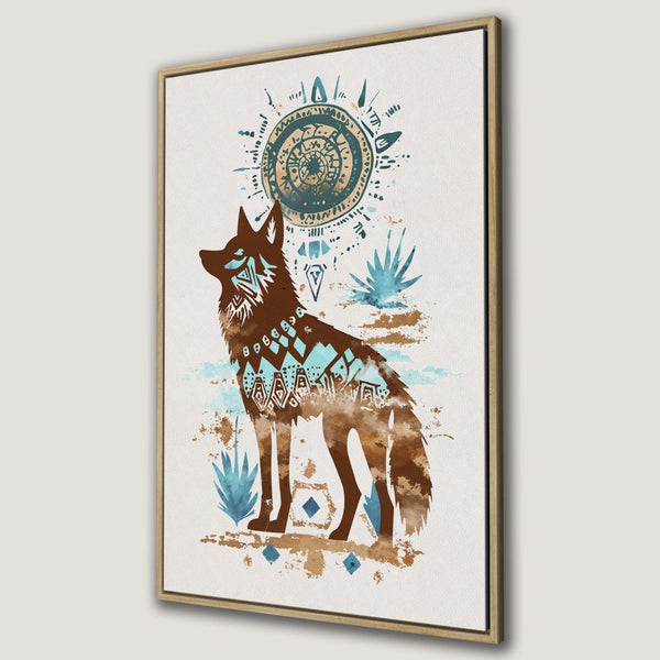 Framed Wall Art: Tribal wolf Canvas Print in earthy tones. Boho style art with brown, teal, and gold color palette. Perfect for home decor.