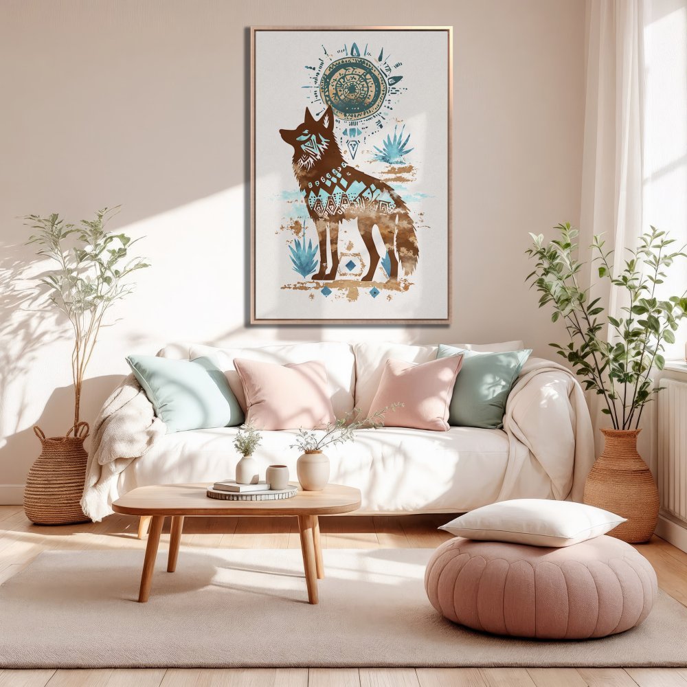 Framed Wall Art: Tribal wolf print in warm brown, teal, and gold tones. Perfect for boho decor. Canvas print for living room.
