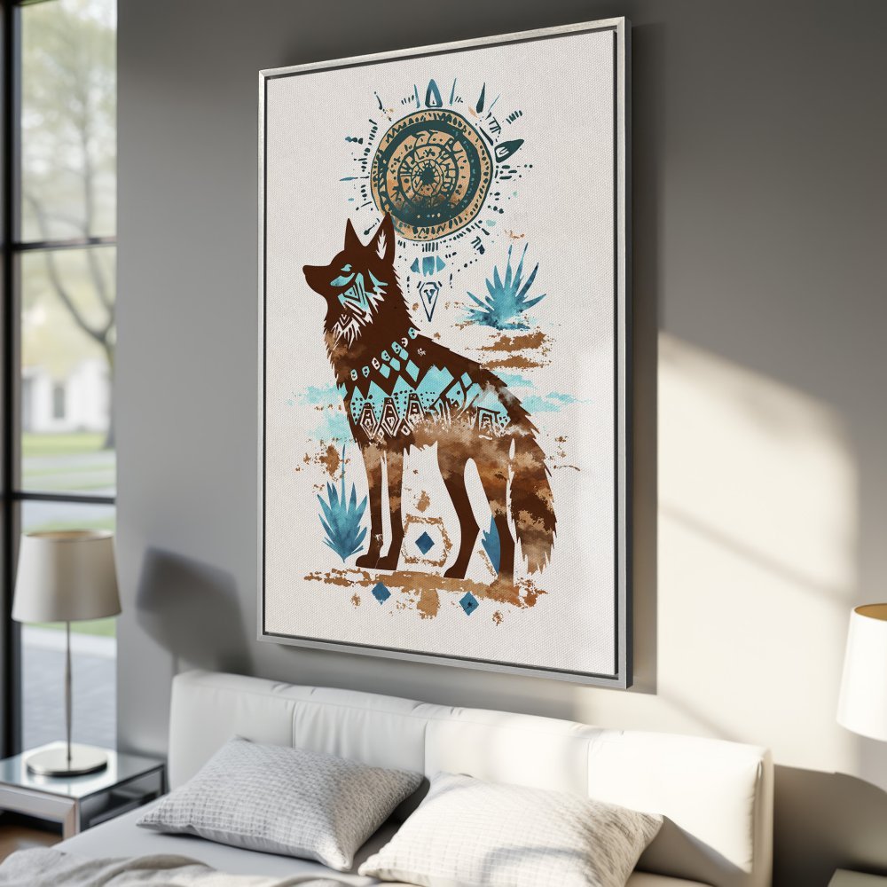Framed Wall Art: Tribal wolf design in brown, teal, and gold. Adds a touch of boho style to your home decor. Canvas Print.