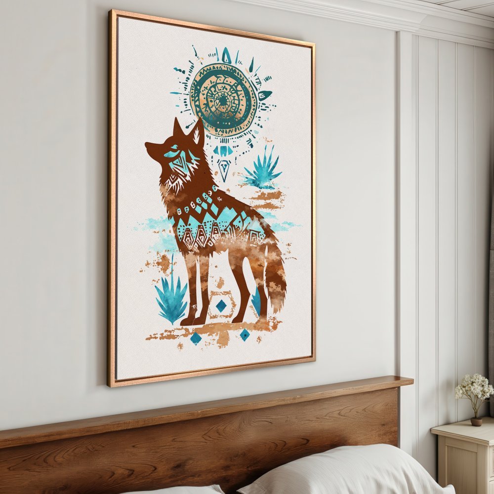 Framed Wall Art: Tribal wolf canvas print in teal and brown, perfect for boho decor. Elevate your space!